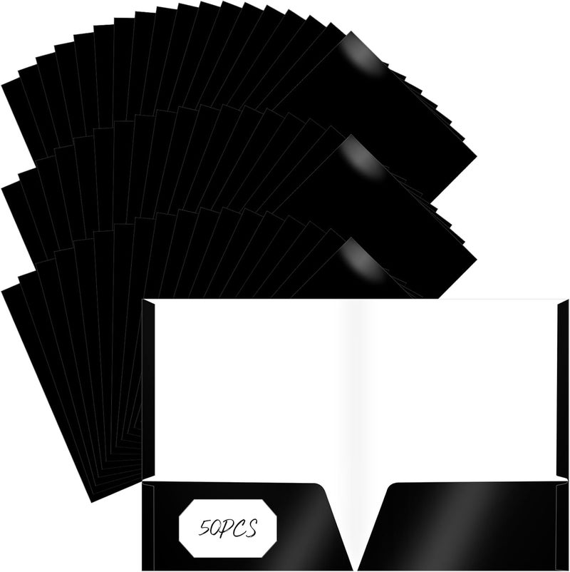 Jutom 50 Pcs 2 Pocket Glossy Paper Folders Glossy Paper Laminated Portfolios, Letter Size, Presentation Folders with Pockets for Office Teacher Worker Supplies(Black Color) - Image 1